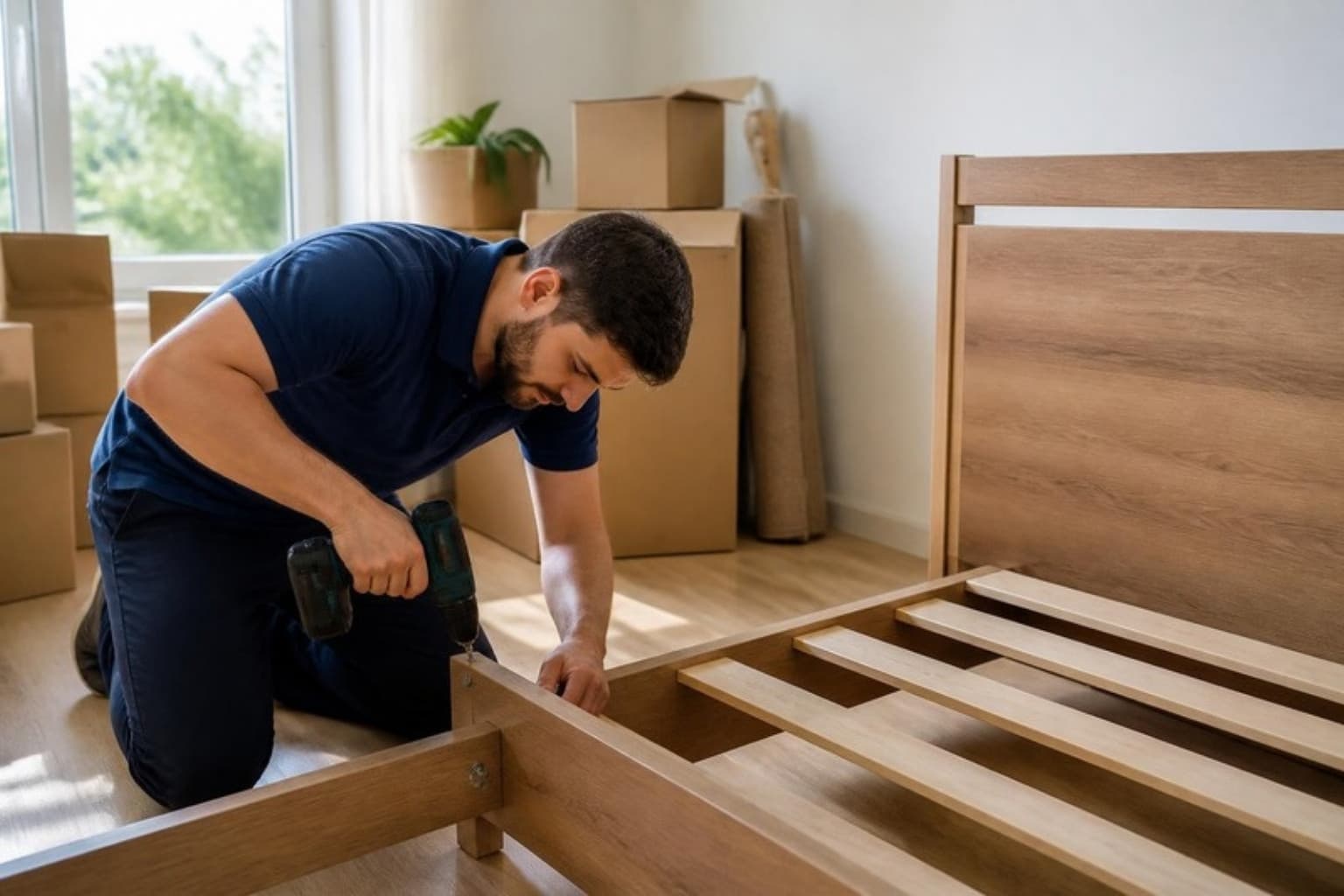 Mover assembling a wooden bed frame in a new bedroom