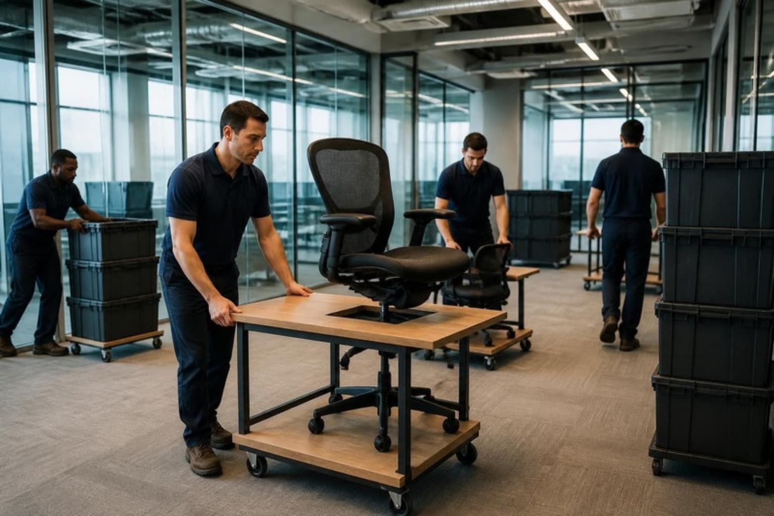 Movers relocating desks and chairs in a modern office