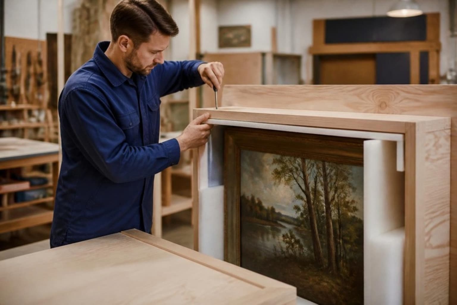 Craftsman building a custom wooden crate around a framed painting