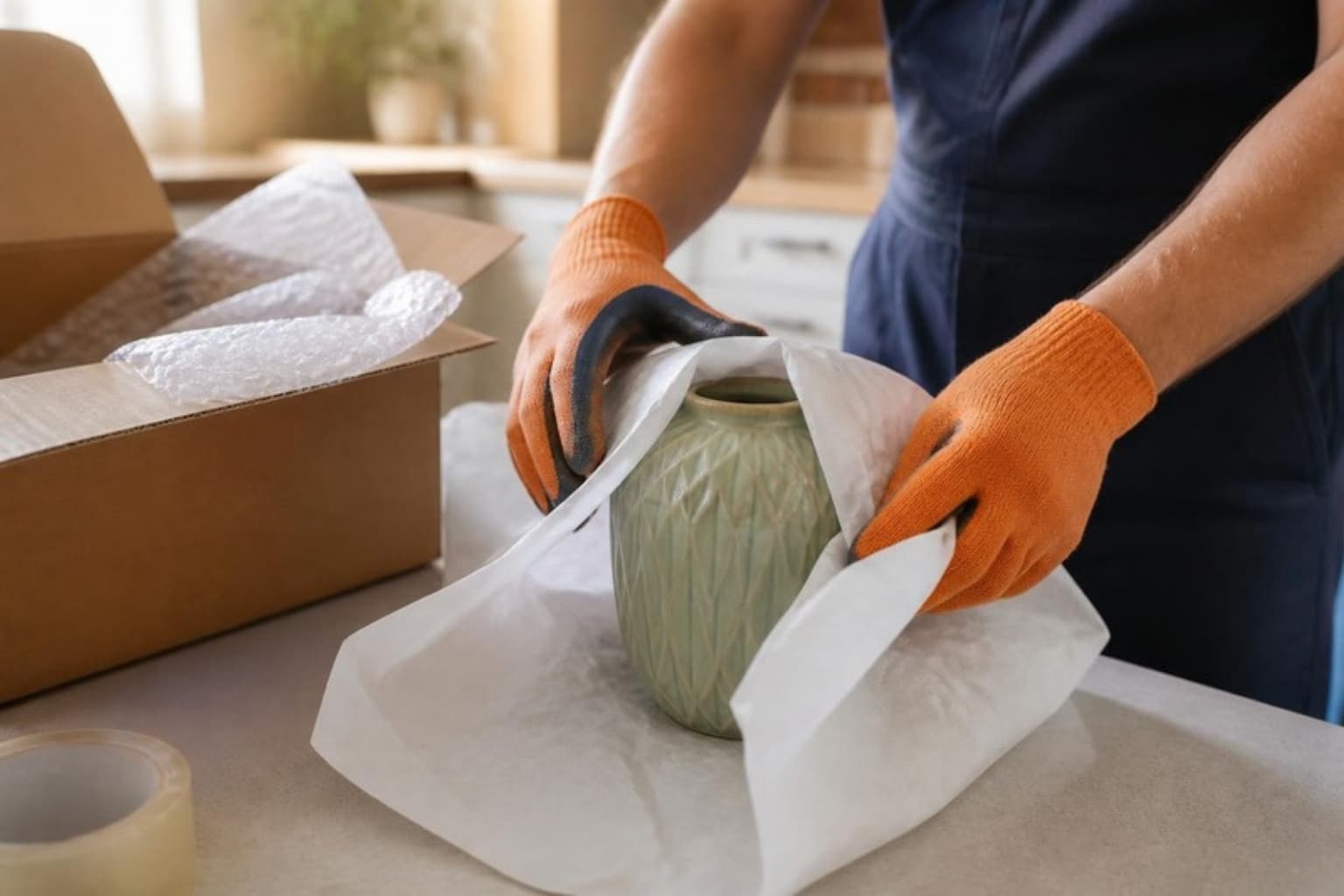 Mover wrapping a ceramic vase in packing paper