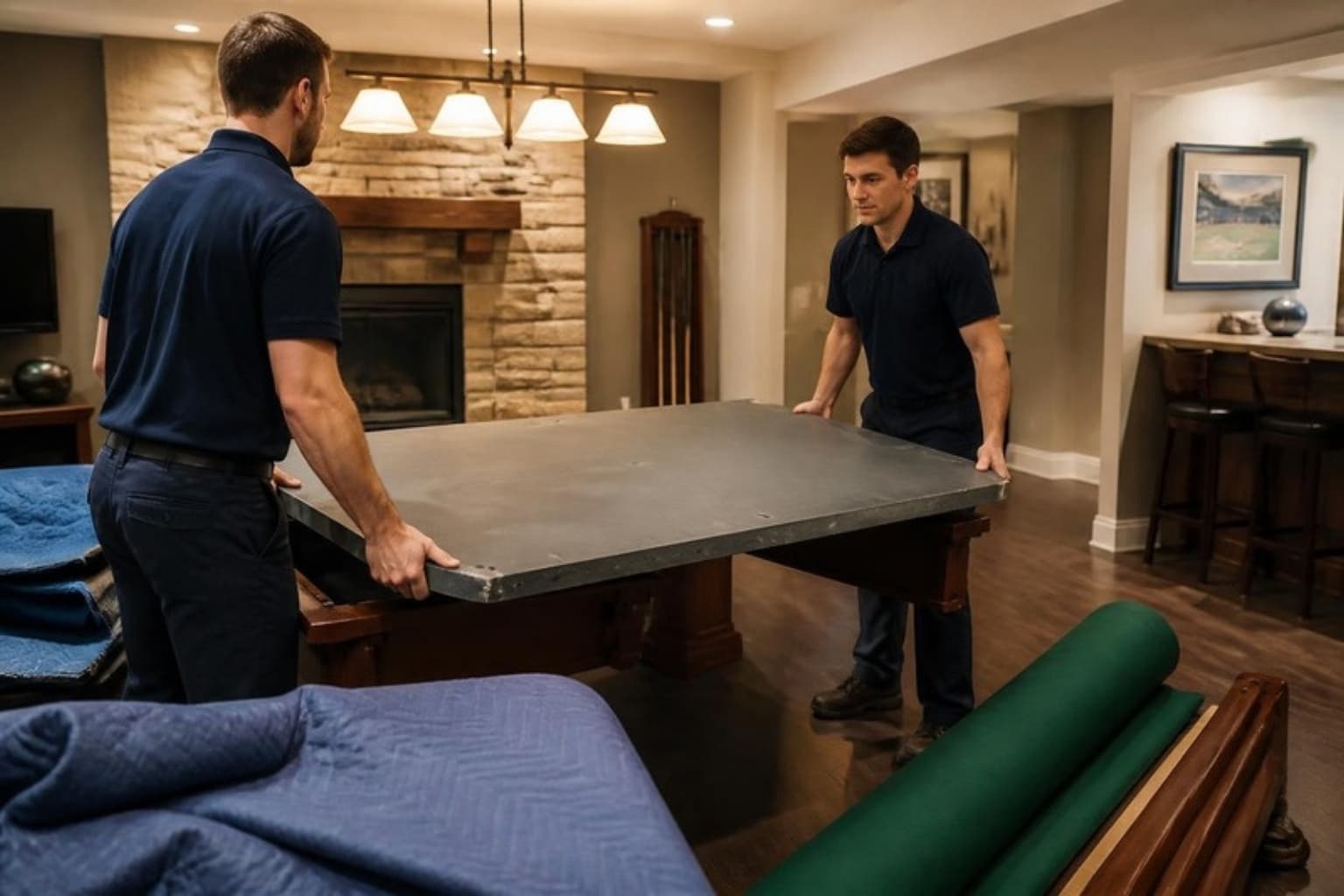 Movers lifting the slate bed of a pool table