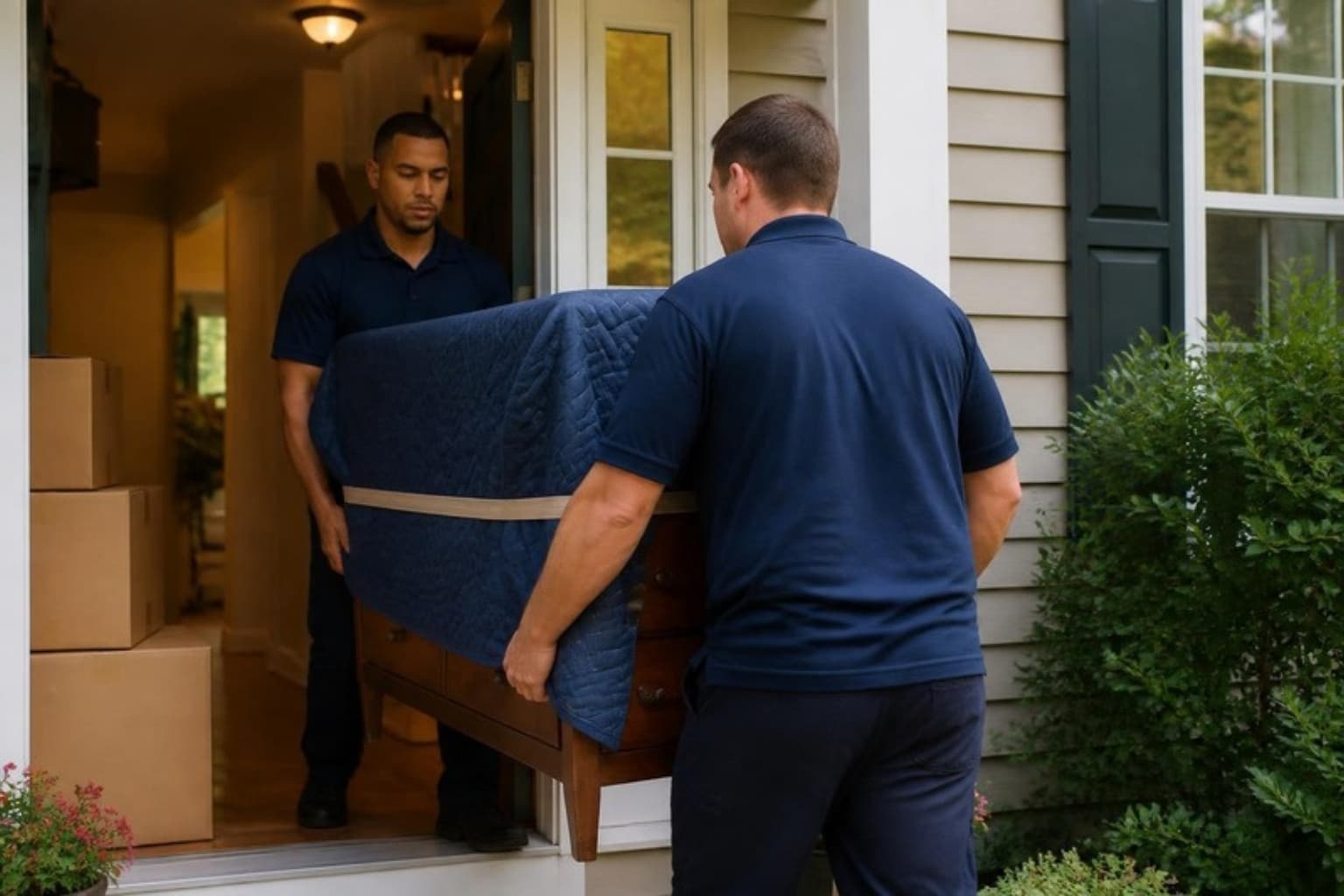Logic Moving crew carrying a wrapped dresser out of a Connecticut home
