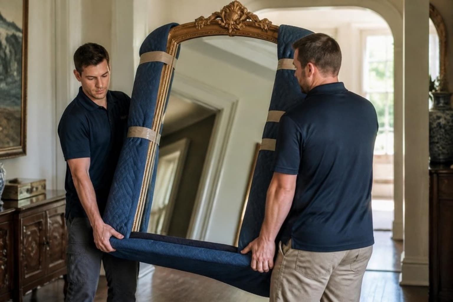 Two movers carrying a padded antique mirror through a hallway